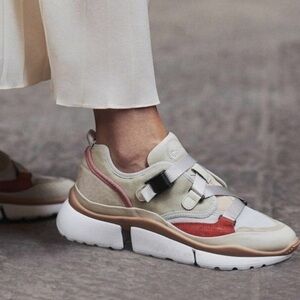 Chloe Sonnie Low Top Sneakers Multicolor Cream Orange Tan With Buckle